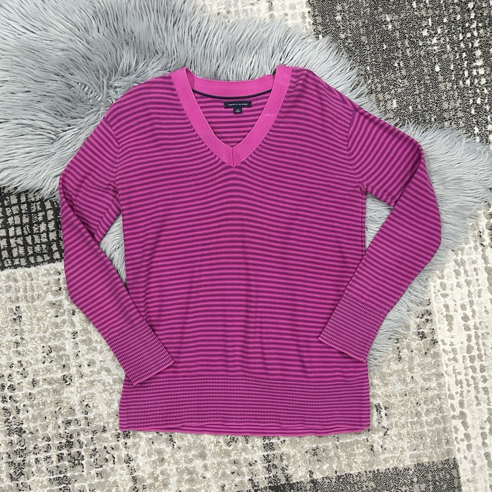 Tommy Hilfiger Sweater Womens Small Pink Striped‎ V Neck Tunic Long Sleeve